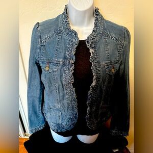 Cidra Anthropologie Light Wash Ruffle Denim Jacket Size 8 Shrunken Fit